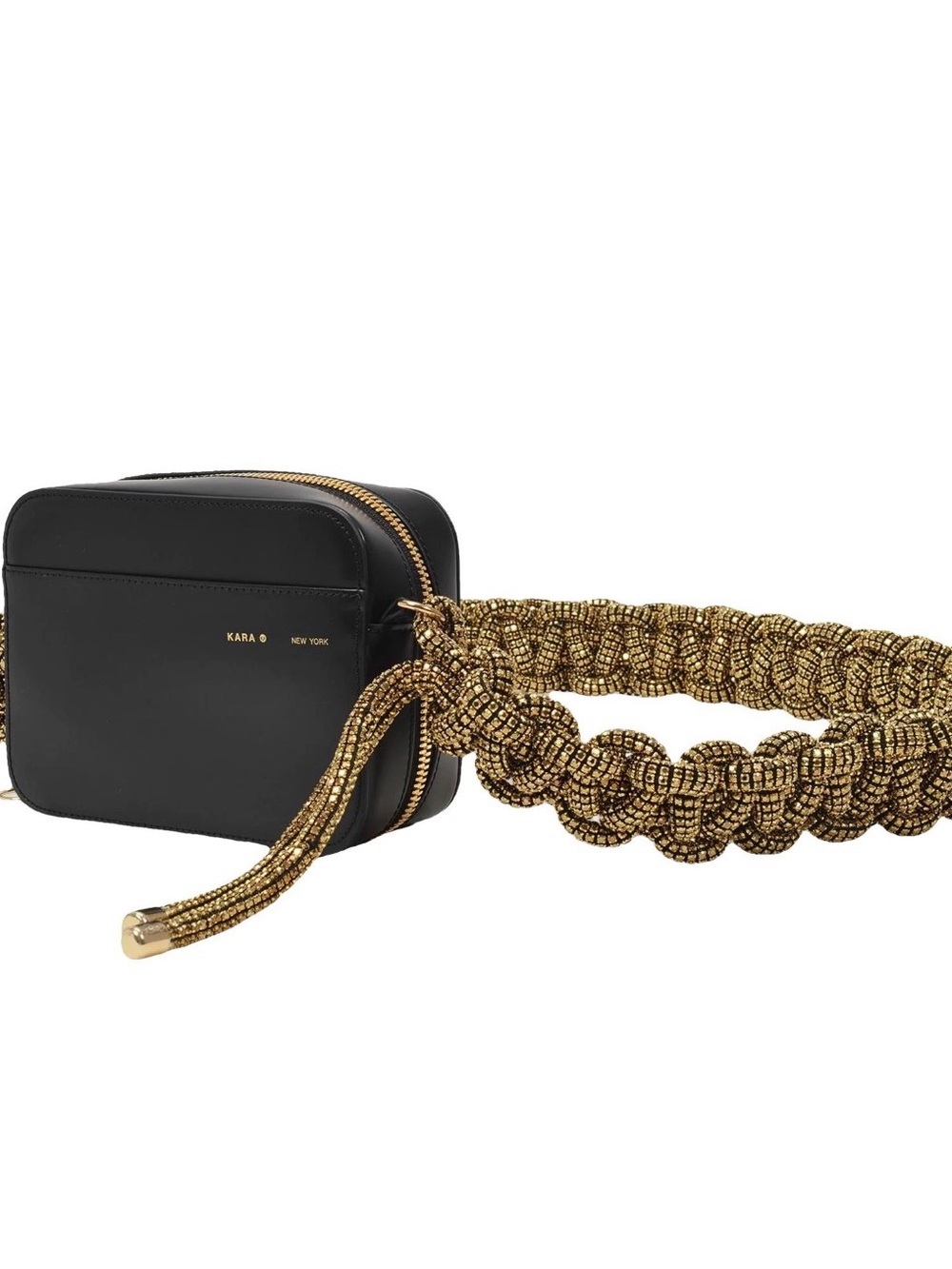 Black Crossbody Camera Bag with Decorative Gold Rope Strap - Picture 4 of 8